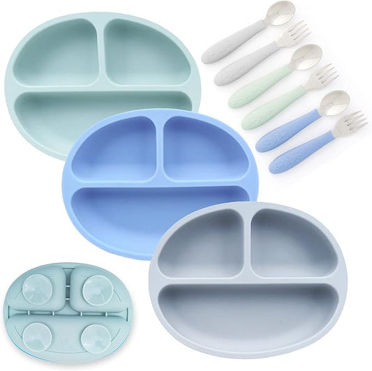Elk and Friends Silicone Suction Plate for Babies/Toddlers + Stainless Steel Silverware Feeding Set | Divided Plate | Suction Design | Forks + Spoons Included | 3 Pack