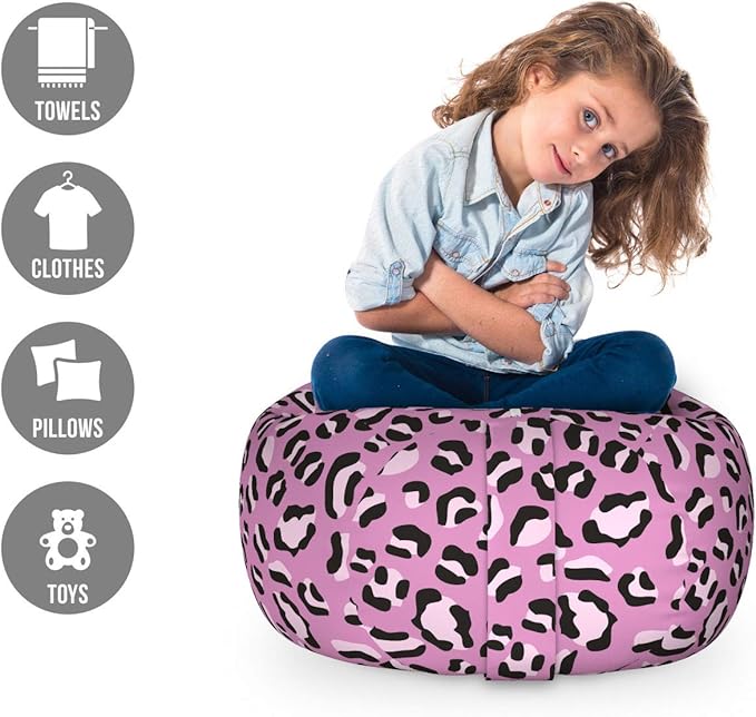 Ambesonne Leopard Storage Toy Bag Chair, Group of Skin Print Background Feminine Graphic, Stuffed Animal Organizer Washable Bag, Small Size, Grey Pink