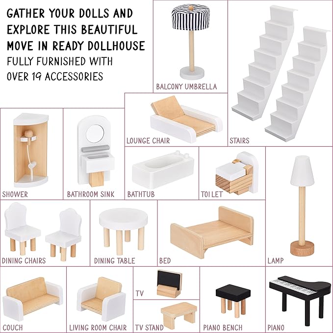 Lil' Jumbl Jumbl Kids Wooden Dollhouse, 17-Piece Accessories & Furniture are Included, with Balcony & Stairs, 3 Story Easy to Assemble Doll House Toy