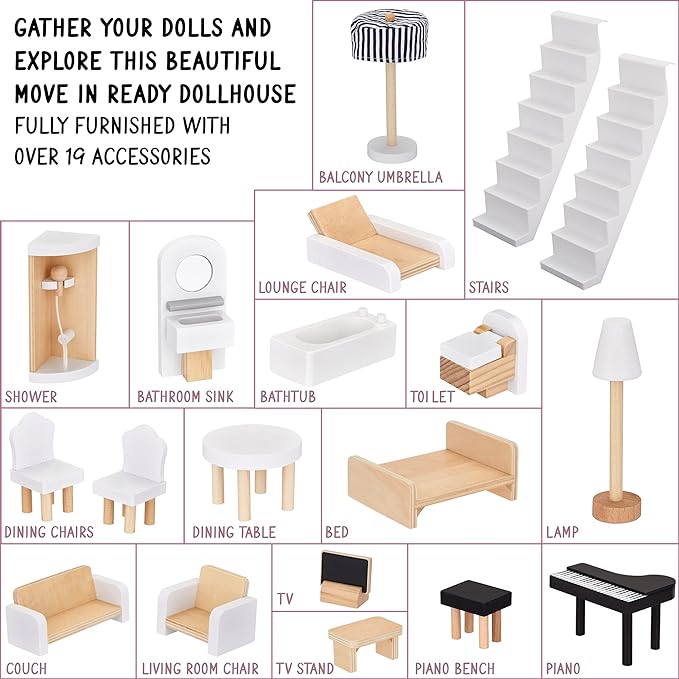 Lil' Jumbl Jumbl Kids Wooden Dollhouse, 17-Piece Accessories & Furniture are Included, with Balcony & Stairs, 3 Story Easy to Assemble Doll House Toy