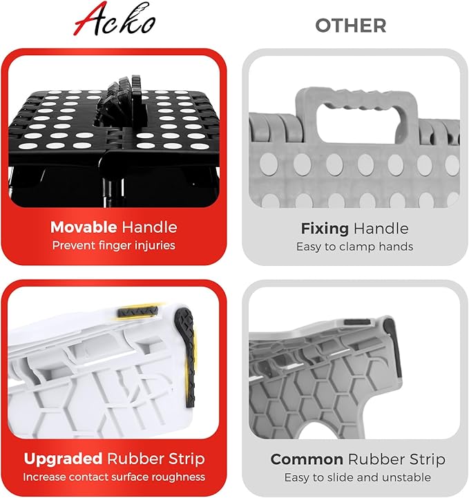 ACKO Folding Step Stool Foldable 17.5 Inch Stool 400 lbs Capacity,Plastic Stools for Adults and Kids,Collapsible Stool for Kitchen, Stepping Stool with Handle(Black)