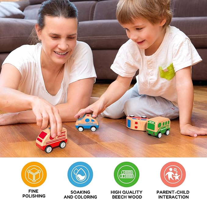 3pcs Wooden Toys Cars, Taxi, Fire Truck, City Bus, Educational Toy, Early Learning for Toddlers, Colorful Vehicles Play Set for 2 3 Year Old Boys Girls Christmas Birthday Gift