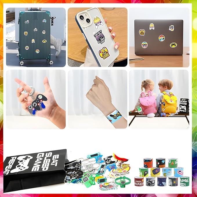24 sets of Video Game Party Favors, 220 Pcs Gamer party Favors - Gaming Birthday Goodie Bags Included Gift Bags, Game Keychain, Slap Bracelet, Stickers, Game Ring, Hand Strap for Gaming Kids