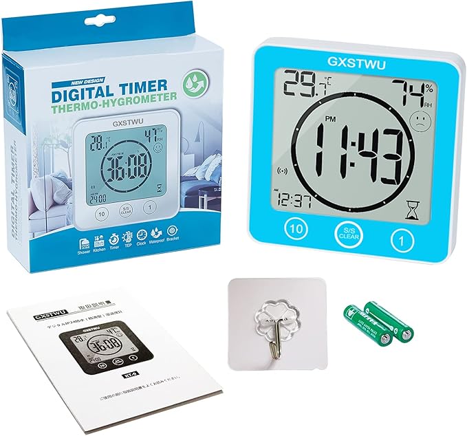 Digital Shower Clock, Bathroom Timer Clock, Waterproof for Water Spray, Count Up Count Down Alarm, Touch Screen Timer, Temperature Humidity, Wall Clock Magnet, Suction Cup, Hanging, Stand Blue