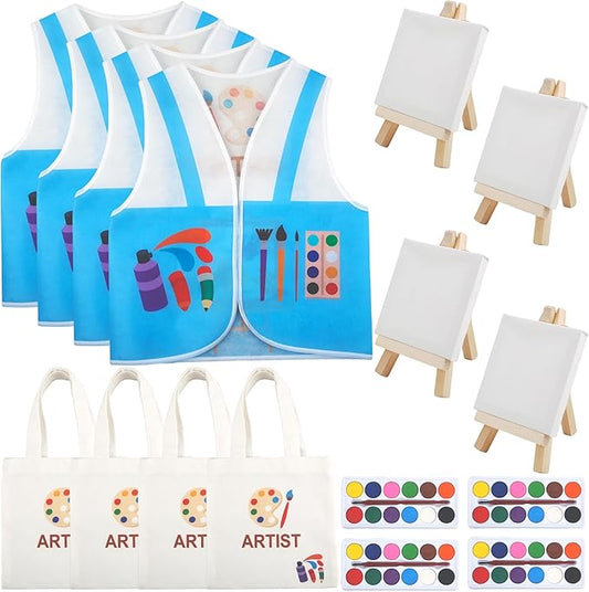 4 Pcs Child Artist Costumes Set Include Artist Painter Vest Mini Watercolor Paint Mini 3 x 3 Inch Canvas Wooden Easel with Artist Bags for Kids Halloween Career Dress Up Painting Party
