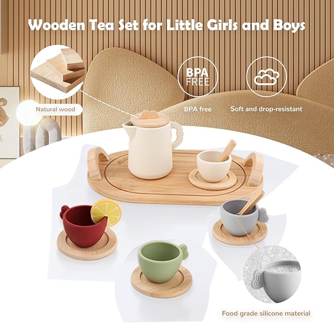Silicone Tea Set Kids, Toddler Tea Sets for Little Girls 3-5, Pretend Party Play Toys Kitchen Accessories for Boys with Soft Teapot Cups Wooden Saucers