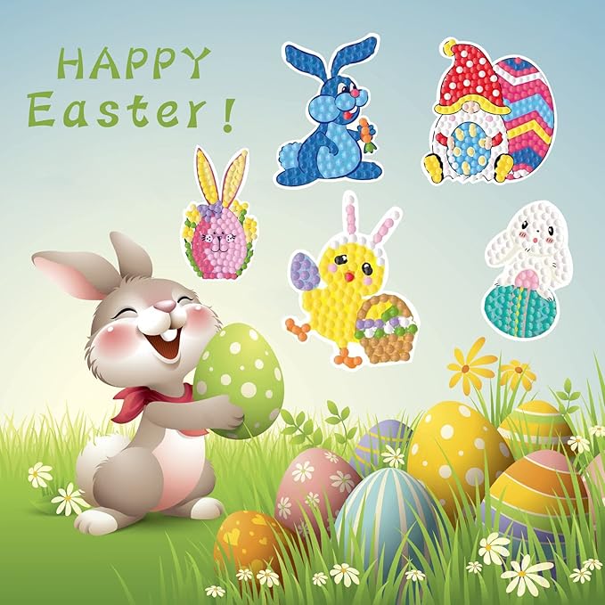 5D DIY Diamond Art Painting Stickers Kits for Kids, Diamond Mosaic Stickers by Numbers Kits Crafts Set for Children, Boys and Girls,Creative Handmade Art Craft Gift (Easter-3)