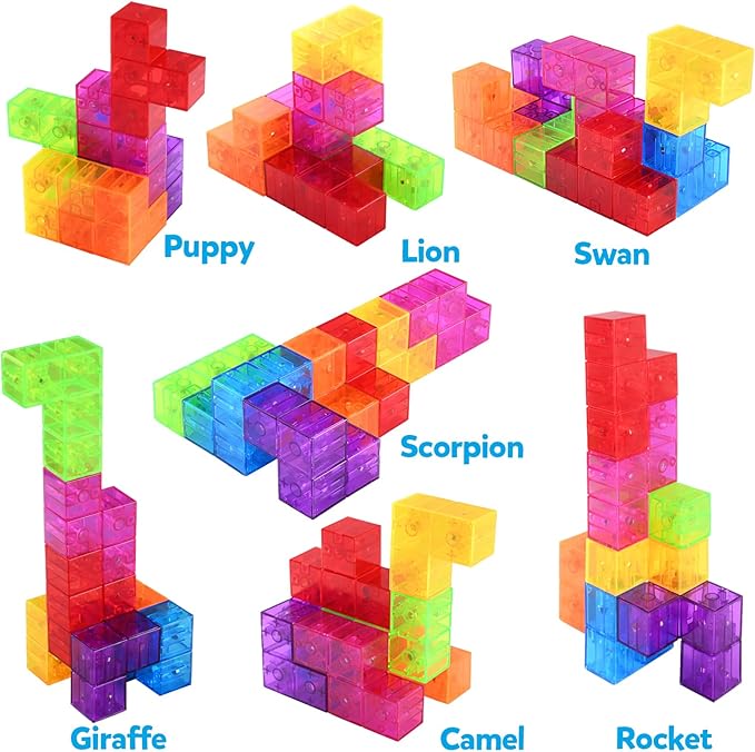 Magnetic Building Blocks Stacking 3D Puzzle Cubes, 7 Multi Shapes Magnetic Blocks with 54 Guide Cards, Educational Toys for Toddlers, Montessori Toys for Boys Girls