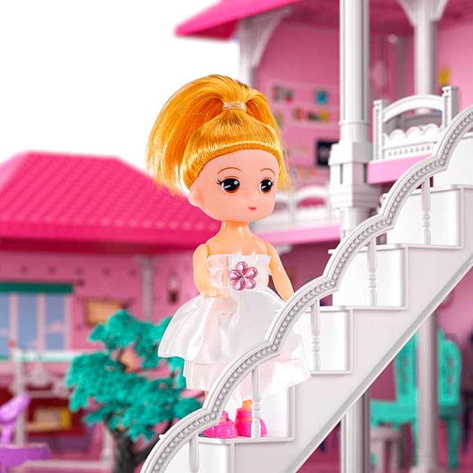 TEMI Villa Toys for 3 4 5 6 7 8 Years Old Girls - 3 Storeys 8 Rooms, Indoor Playset with 2 Dolls Toy Figures, Toys Furniture and Accessories, Pretend Girls Plays, Building Toys, Gifts Toy