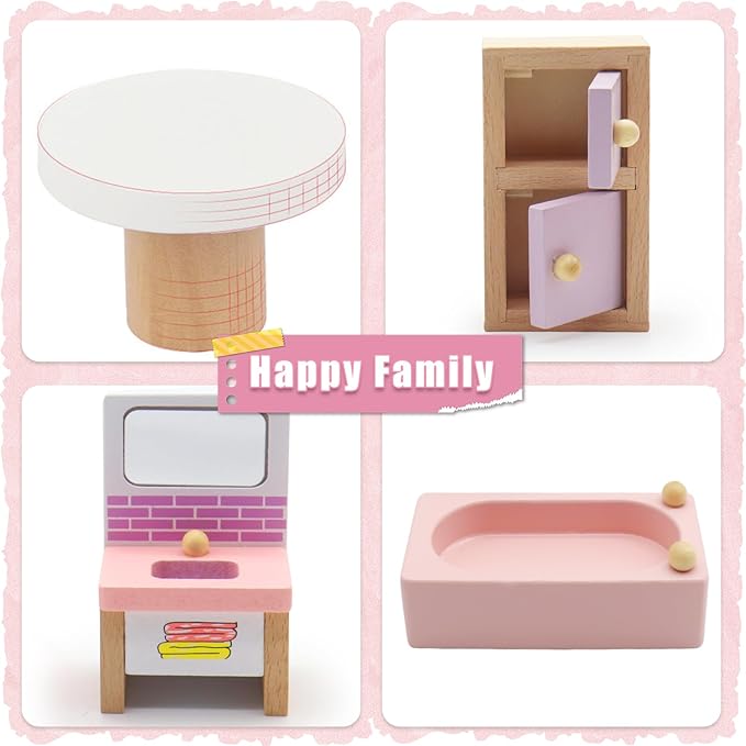 Wooden Dollhouse Furniture Set, 22 Pcs Miniature Doll House Accessories,4 Rooms Wood Pink Dollhouse Accessories Pretend Play Furniture Toys for for Kids Boys Girls Age 3