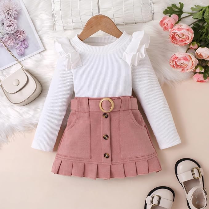Fernvia Toddler Baby Girl Fall Winter Skirt Set Turtleneck Ribbed Long Sleeve T-Shirt Top & Plaid Skirts Dress 2Pcs Outfits