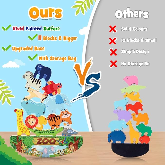 Animals Montessori Toddler Toys 2 3 4 5 6 7 Year Old Boys Girls Wooden Animal Blocks Stacking Toy Kids Easter Birthday Gifts for Boy Girl Age 3-7 Educational Toys Fine Motor Balance Game