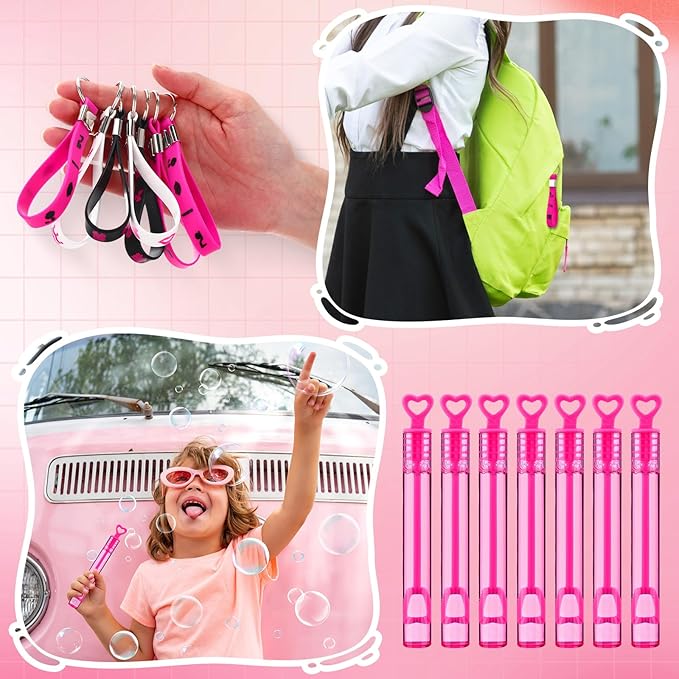 96 Pcs Pink Party Favors Hot Pink Princess Party Gifts Set Include Tattoos, Bracelets, Keychains, Badges, Toy Stamps, Straws, Gifts Bags, Bubble Water for Hot Pink Girls