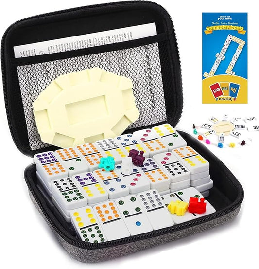 Mexican Train Dominoes Game Set, Double 12 Colored Dot Dominoes with Update Hub, Travel Domino Train Game with 91 Tiles and Portable Carry Case, Family Board Team Games for Kids and Adults