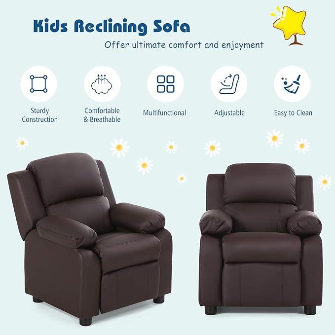 Kids Recliner, Leather Lounge Chair w/Footrest, Armrest, Headrest & Lumbar Support, Ergonomic Toddler Sofa Armchair for Boys Girls (Brown)