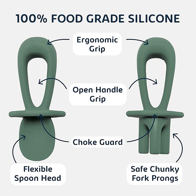 Tiny Twinkle Silicone Training Utensils - Baby Spoons and Baby Forks For Self-Feeding Training - Silicone Baby Led Weaning Utensils For Toddlers And Babies 6-24 Months - Baby Feeding Supplies (Olive)