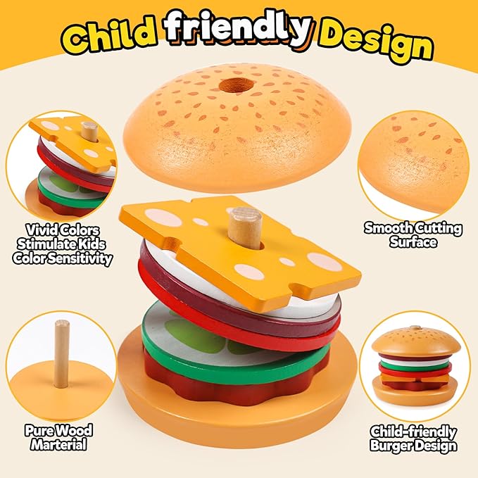 Kizh Wooden Burger Sorting Stacking Toys for Toddlers Preschool Montessori Educational Toys Fine Motor Toys for Kids Boys Girls