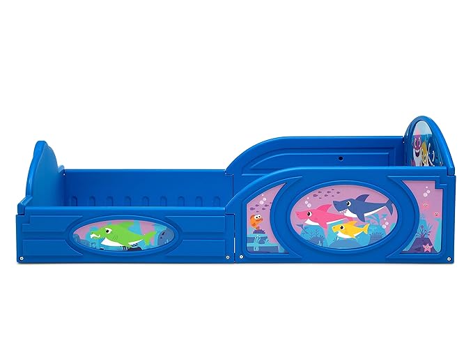 Baby Shark Plastic Sleep and Play Plastic Toddler Bed with Attached Guardrails by Delta Children, Blue
