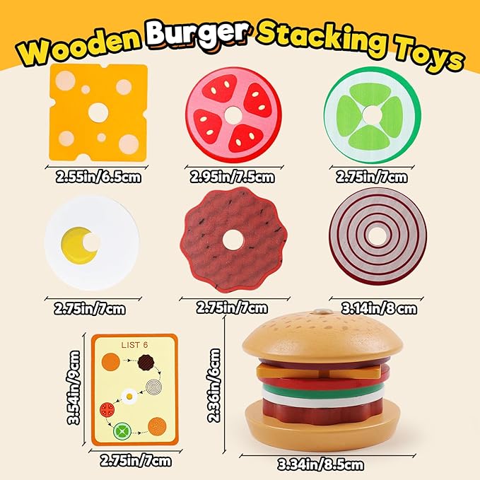 Kizh Wooden Burger Sorting Stacking Toys for Toddlers Preschool Montessori Educational Toys Fine Motor Toys for Kids Boys Girls