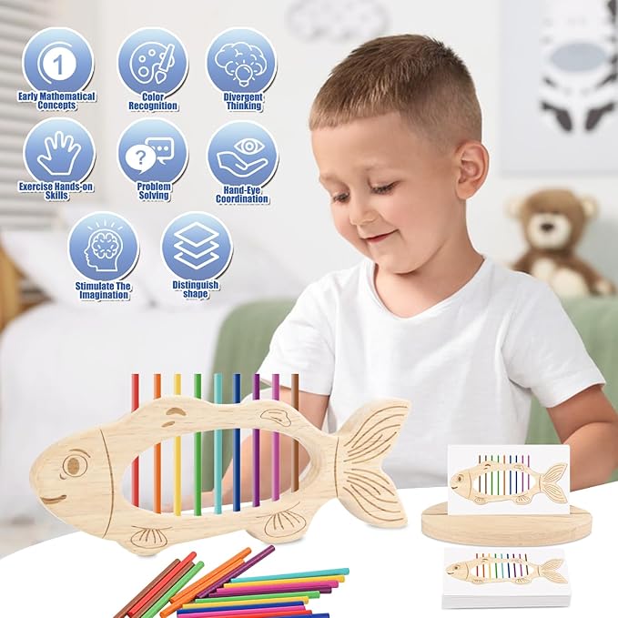 Color Sorting Toys for 3+ Years Old Kids Wooden Fish Shape Montessori Toys Stacking Matching Game Fine Motor Skills for 3 4 5 Toddlers Boys Girls Gift Educational Travel Learning Sensory Color Sorters