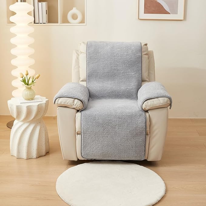 vctops Sherpa Fleece Recliner Chair Cover Super Soft Warm Plush Sofa Slipcover Furniture Protector Non Slip Washable Reclining Chair Cover for Kids, Pets (Light Grey,30"x91")