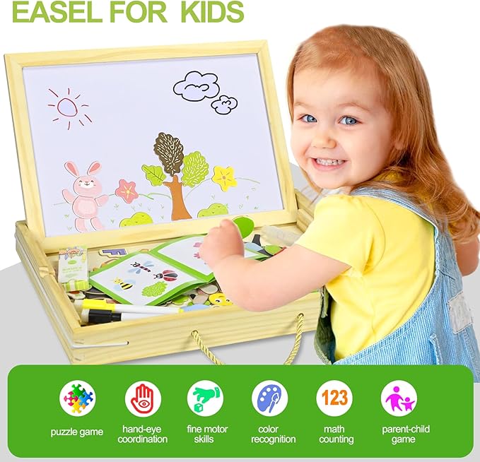 MICKYU Wooden Magnetic Board Puzzle Games, Double Sided Chalk Board Art Easel for Kids, Educational Portable Travel Toy for Kids Ages 3-5