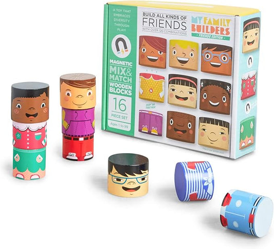 16-Piece Multiracial Magnetic Friends Play Set – Wooden Diversity Building Blocks for Kids – SEL Toy Promoting Cultural Inclusion & Creative Play