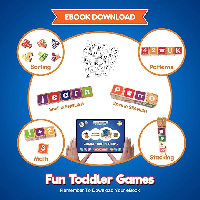 Alphabet Blocks Toys for Toddlers - Bilingual Educational Toys, Spanish Learning Toys, Stacking Toys with 30 Wooden Blocks and Toddler Learning Activities eBook