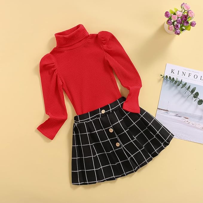 Fernvia Toddler Baby Girl Fall Winter Skirt Set Turtleneck Ribbed Long Sleeve T-Shirt Top & Plaid Skirts Dress 2Pcs Outfits