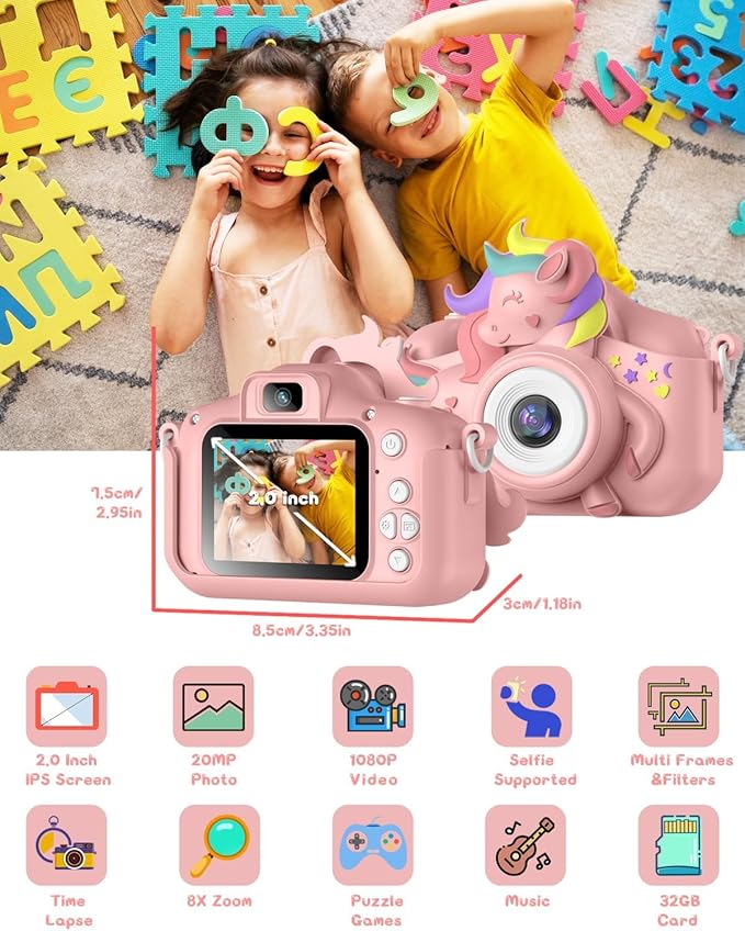 Kids Camera for 3-12 Years Old Toddlers Childrens Boys Girls Selfie Camera 20.0 MP HD 1080P IPS Screen Dual Digital Toy Camera for Kids Birthday
