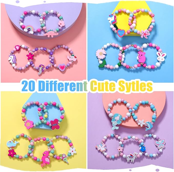 20 Psc Girls Bracelets Kids Party Favors Birthday Goodie Bag Fillers Pinata Stuffers Classroom Prize Exchange Gifts, Princess Play Jewelry Cute Animals Wooden Beads Friendship Bracelets Gifts