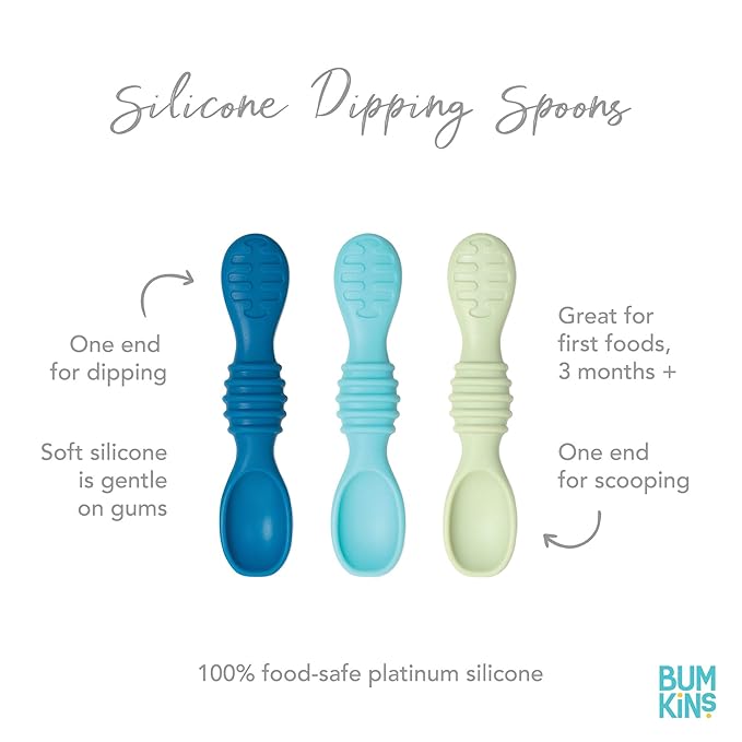 Bumkins Baby Utensil Set, Silicone Trainer Spoons for Dipping, Soft Tip, Self-Feeding, Chew, Baby Led Weaning, First Year Training Supplies, Essentials in Learning Eating, 4 Mos, 3-pk Blue and Green