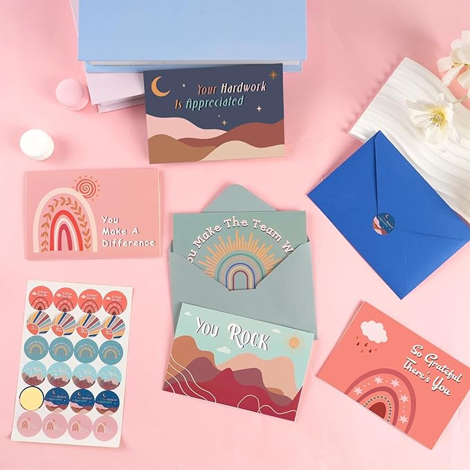 24 Pack Employee Appreciation Cards with Envelopes and Stickers, 6x4in Thank You Cards for Coworkers Recognition, Promotion, Work Anniversary Blank Inside, 6 Boho Designs