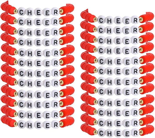 24 Pcs Cheerleader Gifts for Girls Handmade Friendship Bracelets for Teen Girls Stretch Cheer Bracelets Y2k Cheer Stuff Stackable Clay Bead Bracelets Bulk Teens Birthday Christmas Party Favors