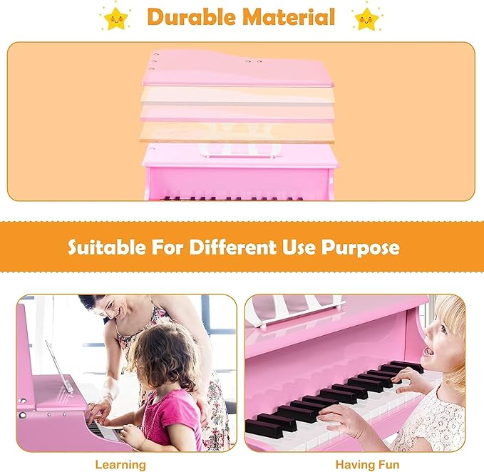 HONEY JOY Classical Kids Piano, 30-Key Mini Grand Piano with Music Stand and Bench, Wooden Musical Instrument Toy w/Lid & Music Rack, Gift for Boys Girls Ages 3+ (3 Straight Leg-Pink)