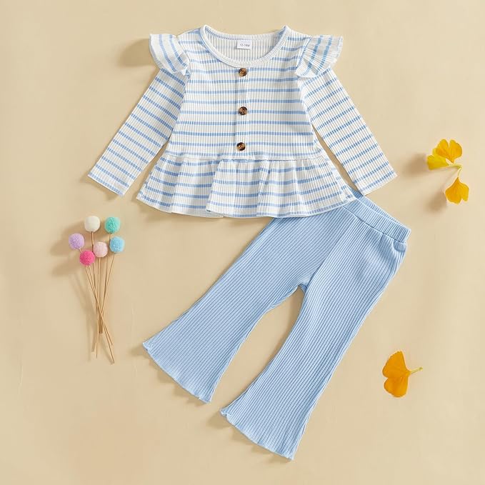 Mubineo Toddler Baby Girl Clothes Cute Ribbed Outfits Knit Long Sleeve Shirt Tops Bell Bottom Pant Fall Winter Outfit