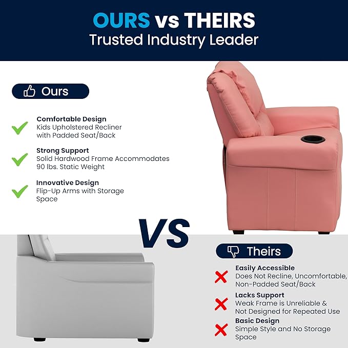 Flash Furniture Vana Vinyl Kids Recliner with Cup Holder, Headrest, and Safety Recline, Contemporary Reclining Chair for Kids, Supports up to 90 lbs., Pink