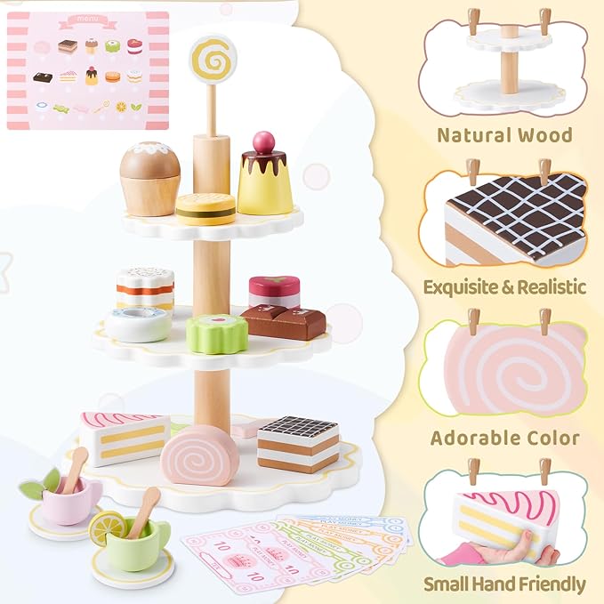 Wooden Tea Party Set for Little Girls, Ehome Princess Tea Time Toy Including Dessert Tray Cake, 31pcs Kids Dessert Toys Pretend Play for Girls Boys Age 1-6