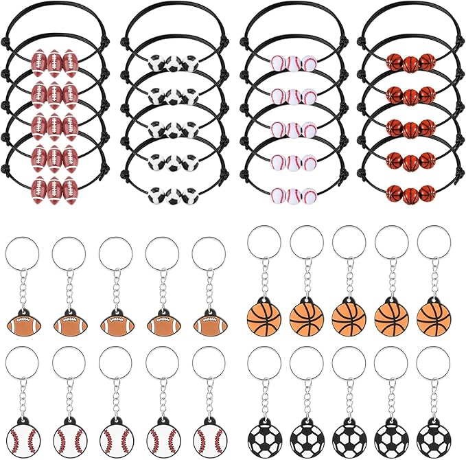 40pcs Sports Party Favors, 20pcs Sports Keychains & 20pcs Sports Bracelets with Football Basketball Rugby Baseball Sport Theme Thank You for Coming Gifts for Sports Party Supplies