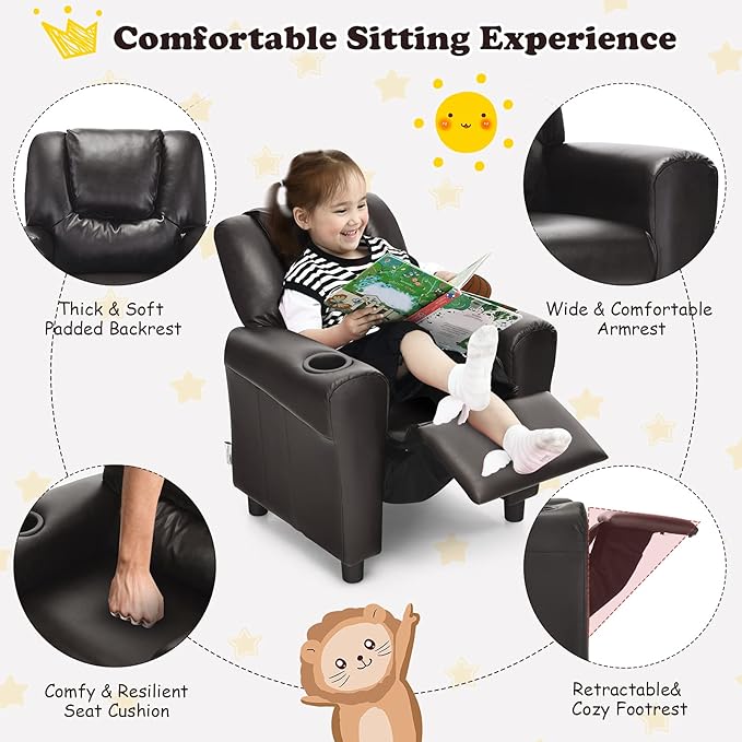 ARLIME Kids Recliner chair, toddler Armchair Upholstered Couch with Cup Holder, Backrest, baby Leather sofa with Headrest and Footrest, Child Furniture for Ages 2-7