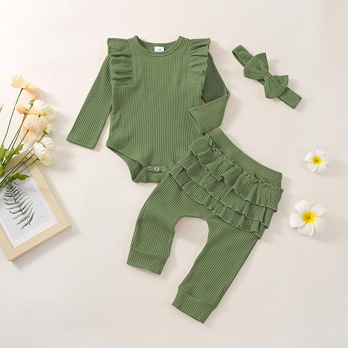 Baby Girl Clothes Newborn Infant Fall Winter Outifts Ribbed Ruffle Long Sleeve Romper Pant Outfit Set 3pcs 0-18Months