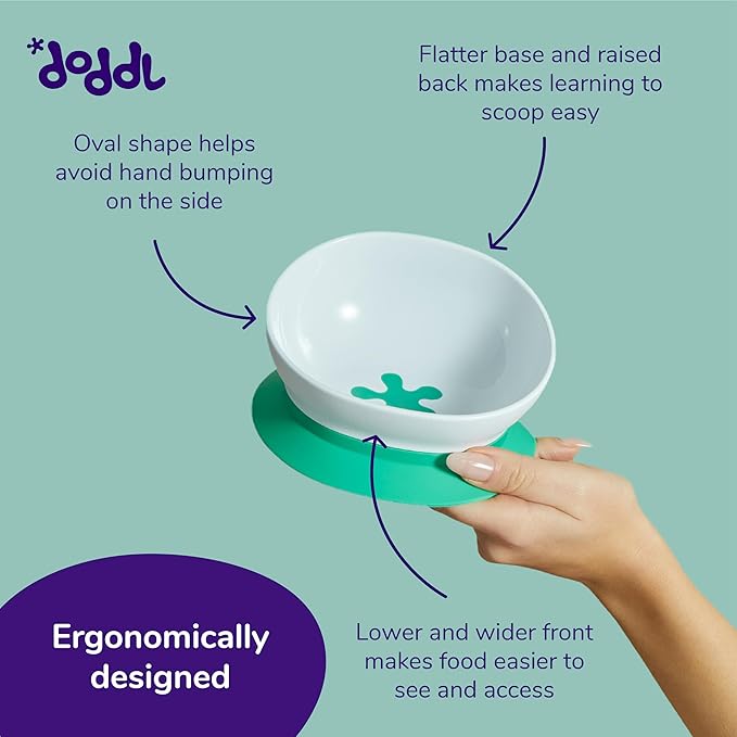 doddl Toddler and Baby Suction Bowl, Ergonomic Toddler Dishes for Self Feeding, 1-3 Year Olds, Dishwasher Safe, BPA Free (White & Aqua)