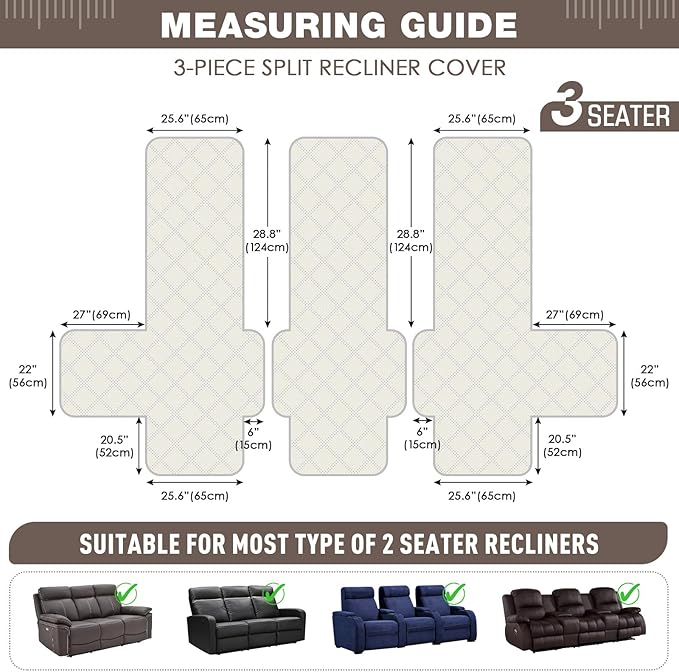 TAOCOCO 100% Waterproof Recliner Sofa Cover, Non Slip Split Couch Covers for Reclining Couches with Elastic Straps, Washable Reclining Sofa Cover Furniture Protector for Kids Pets(3 Seater, Taupe)