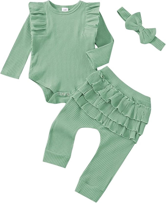 Baby Girl Clothes Newborn Infant Fall Winter Outifts Ribbed Ruffle Long Sleeve Romper Pant Outfit Set 3pcs 0-18Months