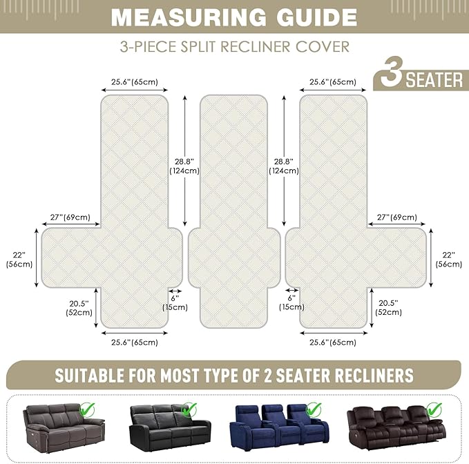 TAOCOCO 100% Waterproof Recliner Sofa Cover, Non Slip Split Couch Covers for Reclining Couches with Elastic Straps, Washable Reclining Sofa Cover Furniture Protector for Kids Pets(3 Seater, Off White)