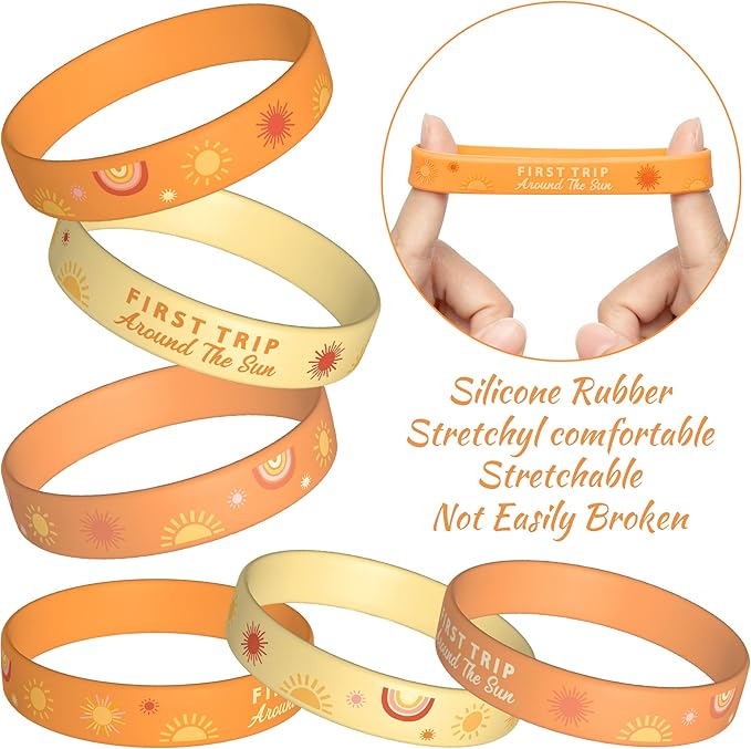 24Pcs Boho Sun First Trip Around the Sun Silicone Bracelets Stretch Rubber Wristbands Hippie Groovy Boho Rainbow Theme First Birthday Party Favors Supplies Baby Shower Gifts