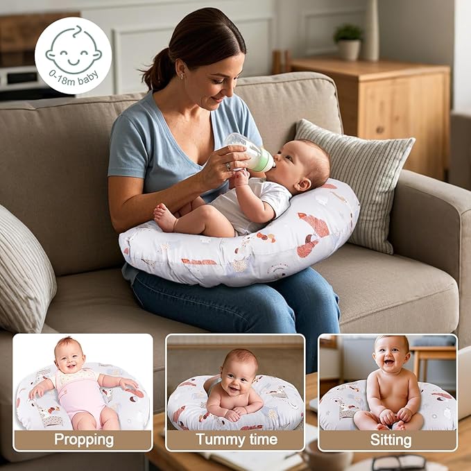 Nursing Pillow, Breastfeeding Pillows with Standard Size Removable Cover, Breast Feeding Pillow with Breathable Filling, Ergonomic Nursing Essentials for Bottle and Breastfeeding- Animal Gray