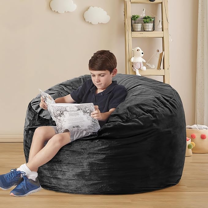 Bean Bag Chairs for Adults - Memory Foam Furniture BeanBag Chair - Kids/Teens Sofa with Soft Micro Fiber Cover - Round Fluffy Couch for Living Room Bedroom College Dorm - 3 ft, Carbon Black