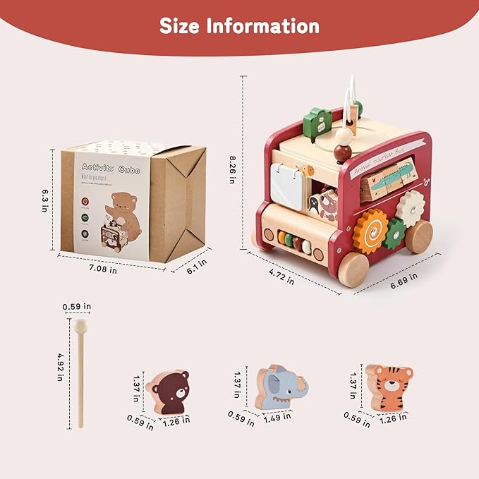 Wooden Activity Cube 8-in-1 Montessori Toys | Multifunctional Early Educational Learning Toys | Activity Cube for Baby Shape Sorter Xylophone Animal Travel Bus Toys Boy Girl Birthday Gift（Red Bus）