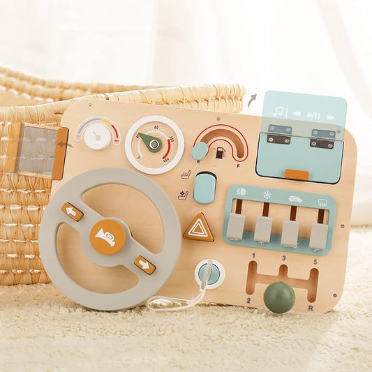 Wooden Montessori Steering Wheel Sensory Activity Board for 1-4 Year Olds, Fine Motor Skills, Travel Busy Board Educational Toys for Boys and Girls
